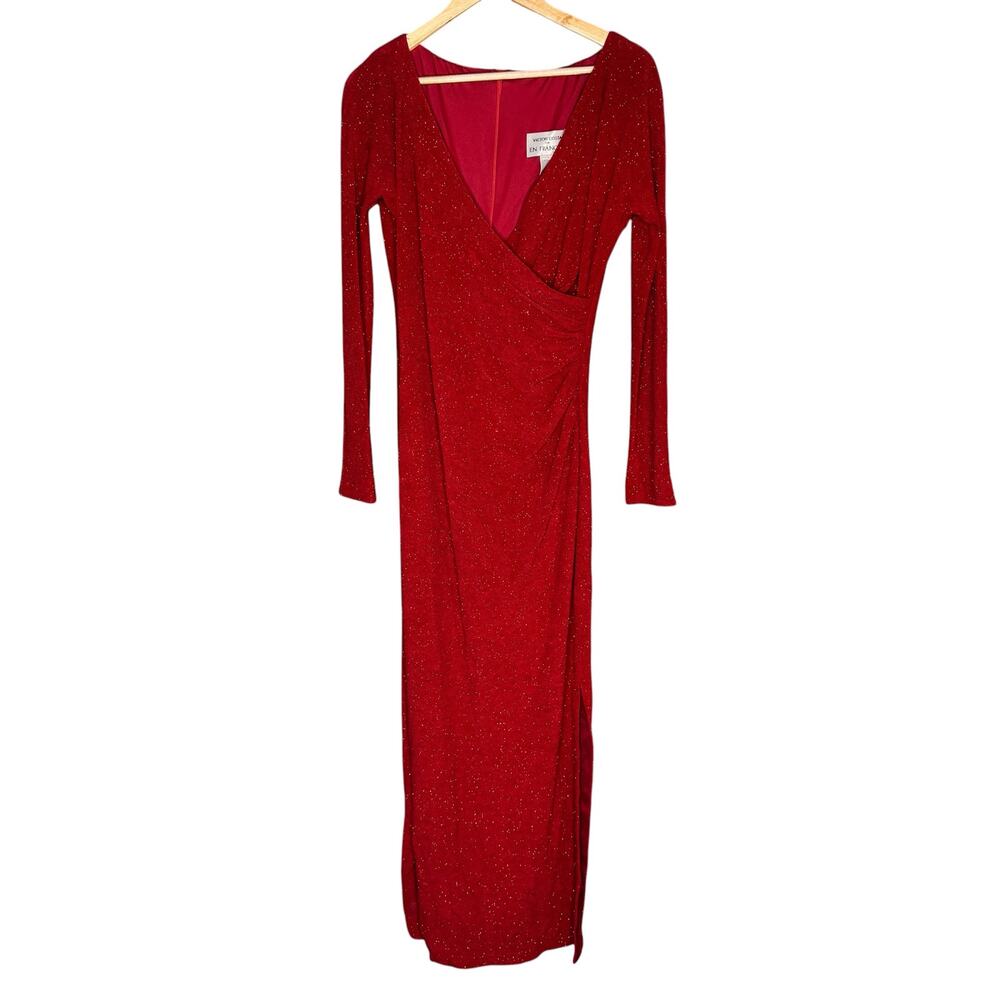 Victor Costa En Francais Red Glitter Dress Sz 12 Long Sleeve Draped Formal